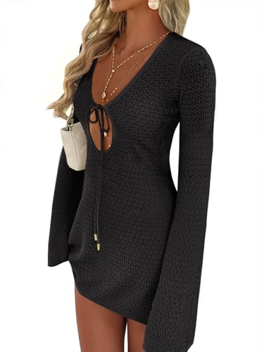 Image of ANRABESS Women's Crochet Swimsuit Cover Up, V Neck Mesh Knit Beach Dress, Long Sleeve Summer Vacation Beachwear