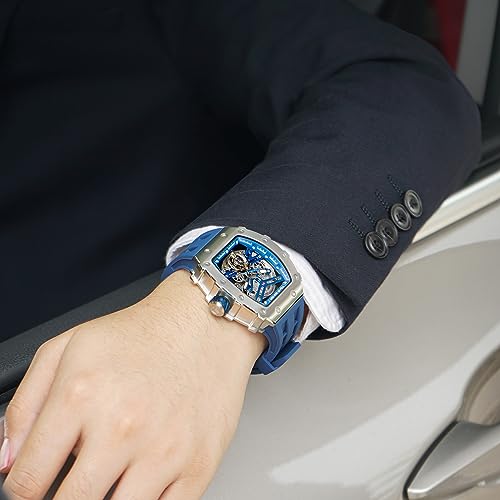Image of TSAR BOMBA Men's Automatic Watch Tonneau Luxury Skeleton Watches for Men Mechanical 50M Waterproof Analogue Watches Mens Unique Cool Square Big Face Dial Wristwatch with Silicone Strap Band