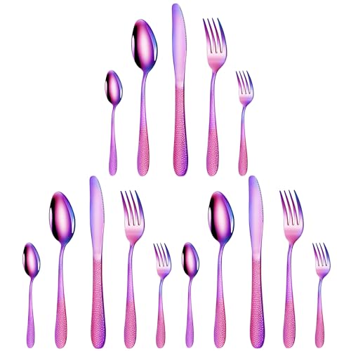 Image of aDai Hammered Rainbow Silverware Set | 15-Piece Premium Stainless Steel Flatware Set | Dishwasher Safe Cutlery Set for Home, Restaurant & Gifting