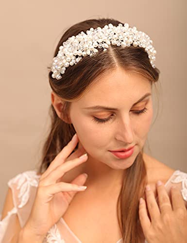 Yertter Vintage Wedding Pearl Beads Crystal Tiara Hair Crown Handmade Bride Headband Bridal Greek Goddess Pearl Head Pieces For Wedding Prom Birthday Party (Style 1) #TOP2