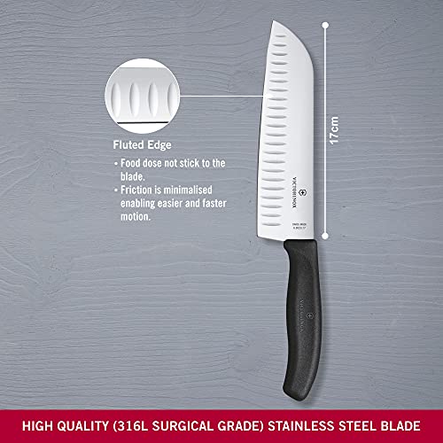 Foto von Victorinox Swiss Classic Santokumesser, Messer Asiatischer Art, Extra Scharfe Klinge, Kullenschliff, 17 cm, Rostfreier Stahl, Blister, Schwarz