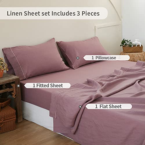 Simple&Opulence 100% Washed Linen Sheet Set-Twin Size-Natural France Flax Bed Sheet-3 Pcs Breathable,Ultra Soft,Farmhouse Bedding (1 Flat Sheet,1 Fitted Sheet,1 Pillowcase)-Embroidery Purple #TOP5