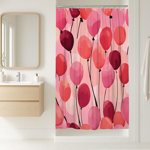 Duschvorhang mit Luftballons, verspielte, fantasievolle Stiele, Kreise, Feier, Pfirsichfarben, waschbar, mit Haken, Design, Druck, Badvorhänge für Zuhause, Badezimmer, WC, Hotel, Dekoration, 91,4 x