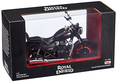 Image of Royal Enfield Scale Model Meteor 350 Stellar Black Abs Plastic Metal Miniature Toy Motorcycle, 1:12 with Steerable Handle Bars, Free Rolling Wheels, Working Rear Suspension, Side Stand, Rear Mirrors