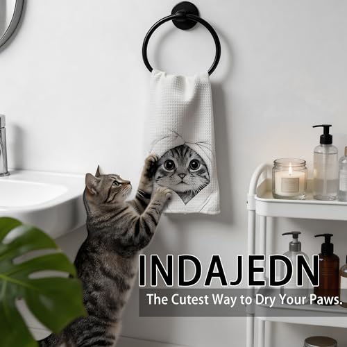 INDAJEDN Adorable Cat Gifts Hand Towels, Cute Tabby Cat Hand Towels for Bathroom Washroom Toilet Decor, Funny Black and White Tabby Cats Bathroom Decor, Cats Gifts for Women Lover, 16x24 Inch by INDAJEDN - Image 2