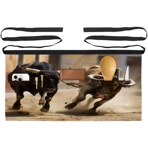 Lot de 3 tabliers courts avec pockets pour cuisine et bistrot motif taureaux