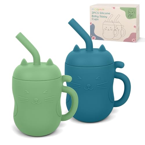 MCGMITT Silicone Baby Sippy Cup, 2 Pack Leak Proof Straw Cup for 6 12 18 Months, 5oz BPA Free Non Toxic Toddlers Training Cup with Handle, Soft Bite-R