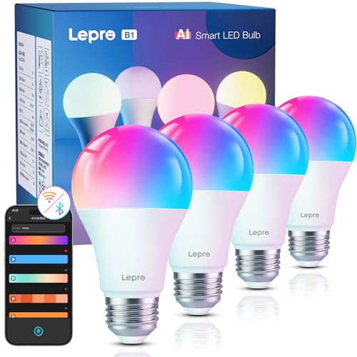 Lepro AI スマート電球 B1 led e26 60W形 4個 Alexa対応 Wi-Fi電球 音楽連動 806lm スマート照明 スマートライト 8.5W A19 APP 音声操作 電球色 昼白色 昼光色 RGB1600万色 虹色 スマホ連動 led電球 調光 調色 Bluetooth WiFi Google Home対応 スマートホーム 省エネ 間接照明 パーティー