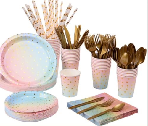 Unlnsiy 使い捨て紙皿 パーティー用使い捨て 使い捨て食器セット25人分Pcs テーブルウェア 使い捨て食器用紙コップ ローズゴールド 誕生 パーティ ー (E)