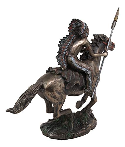 Ebros Tribal Native American Indian Chief Warrior with Trailer War Bonnet Eagle Headdress Charging On Horse with Spear Statue 11" Long Indians Figurines and Statues Cultural Heritage Home Decor