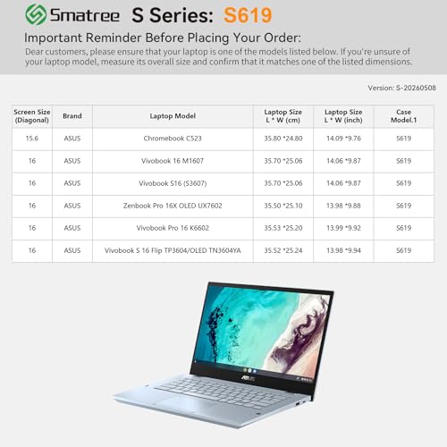 Image of Smatree SlimPro Laptop Case for 15.6 inch ASUS Chromebook C523 | Compatible for Vivobook 16 M1607 /S16 S3607, for Zenbook Pro 16X OLED UX7602, Case with Accessory Pocket(S619)