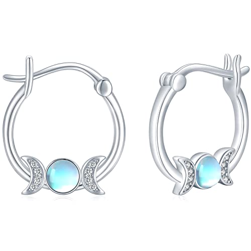 Moon Goddess Pendientes de aro de plata de ley 925 con piedra de luna, hipoalergénicos, para mujeres y niñas Cover