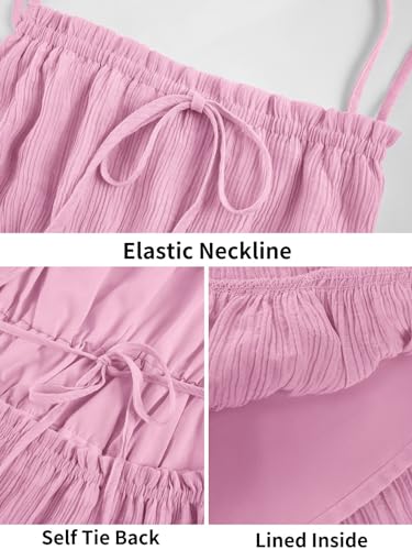 Image of Wenrine Womens Summer Beach Dresses Backless Spaghetti Straps Self Tie Tiered Flowy Casual Maxi Dress with Pockets Pink