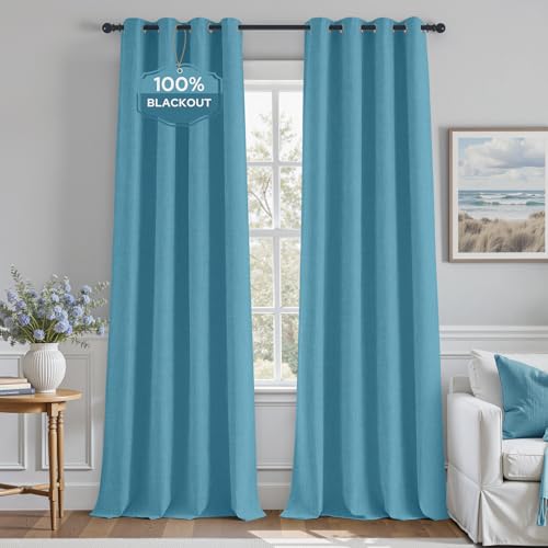 Image of HOMEIDEAS 100% Blackout Bluesapphir Linen Curtains 52W x 96L 2 Panels