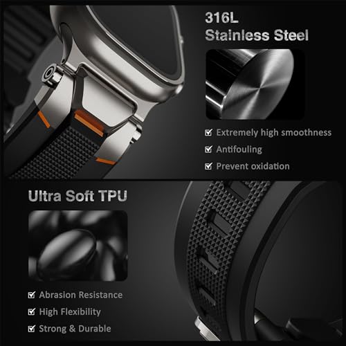 Image of ULTIMAL Rugged Band for Apple Watch Ultra 3 /2 /1 49mm, Series 11 /10 /9 /8 /7 /6 /5 /4 SE 46mm /45mm /44mm, Waterproof, Soft TPU Strap with Stainless Steel Buckle & Connectors, Sweat-Resistant, Easy to Clean, Fits 155-225mm Wrist (Titanium /Black)