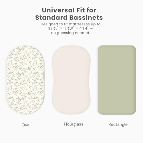 Image of Konssy 3 Pack Stretchy Bassinet Sheets for Baby Girl Boy, Soft Breathable Baby Bassinet Mattress Sheets Fit for Hourglass Oval Cradle, Moses Basket Rectangle Mattress (Garden Sage)
