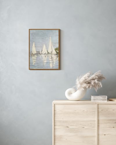Image of ARPEOTCY Vintage Framed Canvas Wall Art, 12x16inch, Farmhouse Summer Sailboat Wall Decor, Nautical Lake Art Prints Home Decorations, Seascape Paintings for Living Room Bedroom Office Decor
