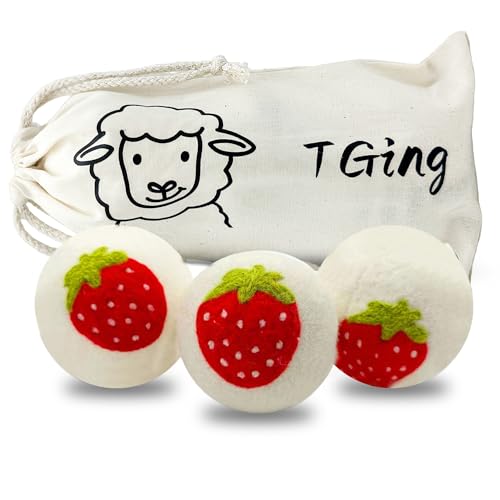 Tging Wool Dryer Balls,New Zealand Wool Laundry Balls for Dryer (Pack of 3, Strawberry Handmade Pattern),Softens Clothes,Naturally Reduces Drying Time and Static Electricity