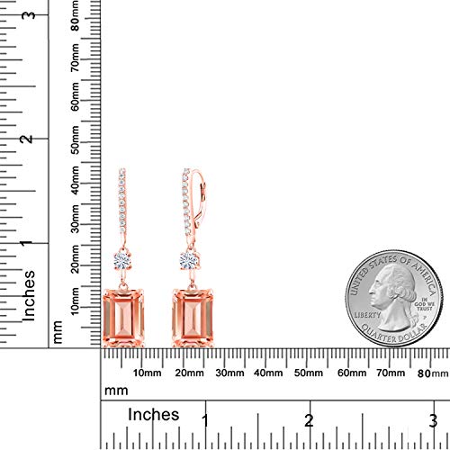 Gem Stone King 18K Rose Gold Plated Silver Emerald Cut Peach Nano Morganite and White Moissanite Dangle Earrings For Women | 13.36 Cttw | Emerald Cut 14X10MM2