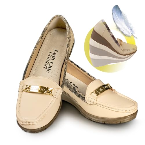 Zapatos señora Lady Chic Confort Fáciles de Poner: Ajustables. Horma Ancha: Flexibles. Plantilla Piel Acolchada. Cómodo Tacón de Cuña de 3,5 cm. Elegantes, Versátiles: 24 Horas de Comodidad