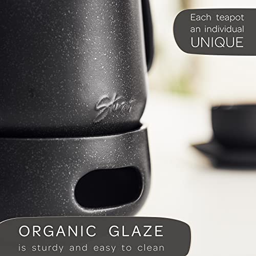 Image of Steinzeit Design Tea Pot with Warmer (44 oz) - Premium Ceramic Teapot with Infuser for Loose Tea - Black Teapot Ceramic with Removable Steamer