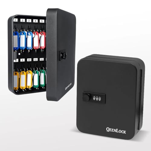 QEENLOCK Armoire à clés en Acier pour 20 clés avec 20 Portes-clés Multi-Couleurs Inclus, à Combinaisons, Couleur Noire.