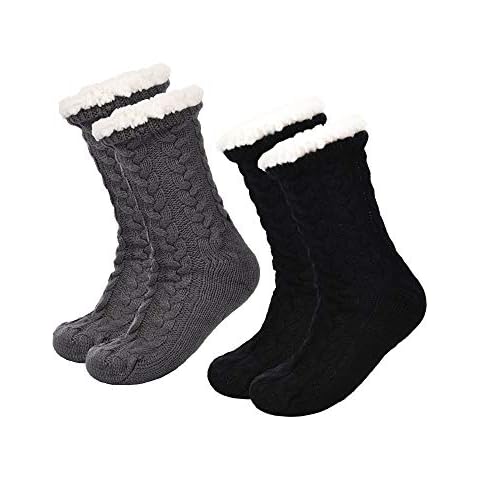 Boao 2 Pairs Women Warm Slipper Socks Christmas Fuzzy Winter Fleece Socks with Grippers Lined Non Slip Slipper Socks Gift(Black, Grey) Cover