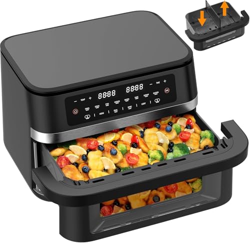 Air Fryer Double Zone 11L XXL – 2950W Friteuse à air pour une cuisson rapide, Double Chambre & Séparateur amovible, Friteuse sans Huile avec Fenêtre, 8 programmes pour Familles
