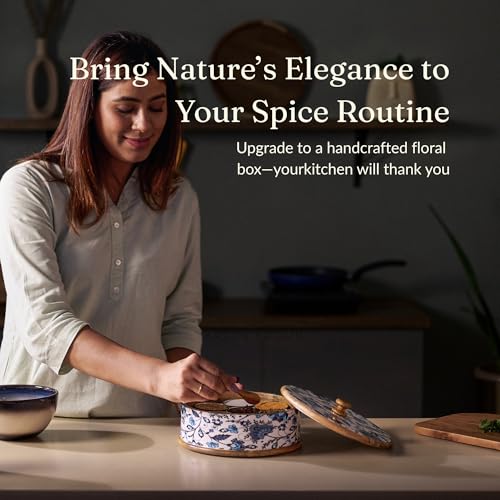 Image of Brick Brown Handcrafted Wooden Floral Masala Box for Kitchen | Masala Dabba | Spice Jars | Spice Rack Organizer Storage Box with 7 Containers & 1 wooden spoon(8.25x 3.75 Inch)