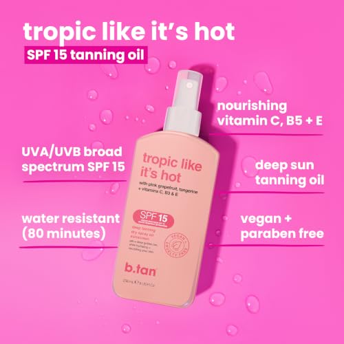 Image of b.tan SPF 15 Deep Tanning Oil Dry Spray | Tropic Like It's Hot - Best, Best Outdoor Bronzing Mist, Moisturizing Grapefruit, Tangerine, Vitamins C, B3, & A, Austrailian Brand, 8 Fl Oz