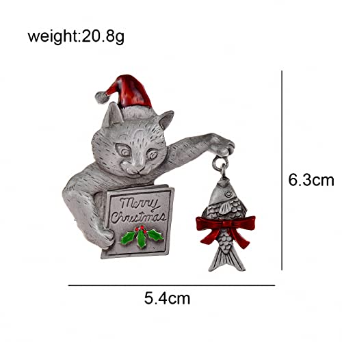 Broche de Noël chat émail brillant avec pendentif poisson - 6