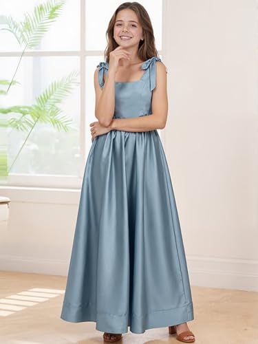 Satin Junior Bridesmaid Dress for Wedding A-Line Spaghetti Strap Square Neck Long Sleeveless Flower Girl Dress3