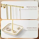 modern T-shaped jewelry rack, jewelry tower, gold metal, square ceramic base decoration display tower, necklace, bracelet, ring storage rack (1-layer ceramic disc) - Image 4