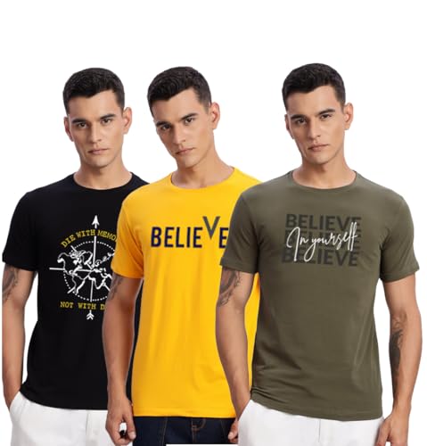 Image of ADRO 100% Cotton Lycra Tshirts for Men Combo Pack of 3 | Regular Fit | Printed T Shirt | Round Neck Half Sleeve| Mens Tshirts