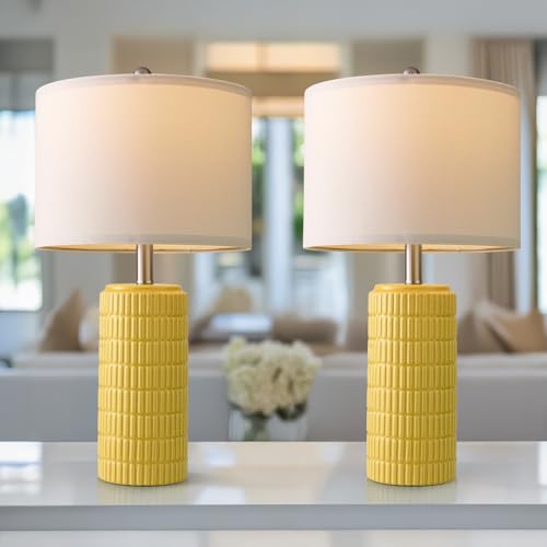 Image of PoKat 23 inch Yellow Table Lamps Set of 2, Modern Living Room End Table Lamps Decor, Ceramic Lamps for Living Room, Contemporary Nightstand Lamps for Side Console Table Hallway Gift