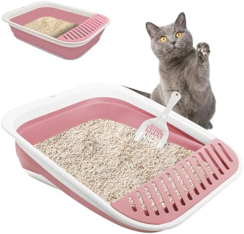 Rosa Katzenklo Flacher Einstieg, faltbar Katzentoilette Niedrig Einstieg | Groß, ideal für ältere Katzen bei Arthritis& eingeschränkter Mobilität, nach Kastration & OP, niedriger E