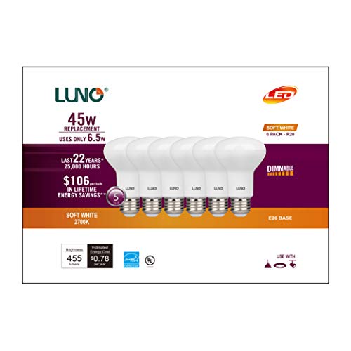 LUNO R20 Dimmable LED Bulb, 6.5W (45W Equivalent), 455 Lumens, 2700K (Soft White), Medium Base (E26), UL & Energy Star (6-Pack)