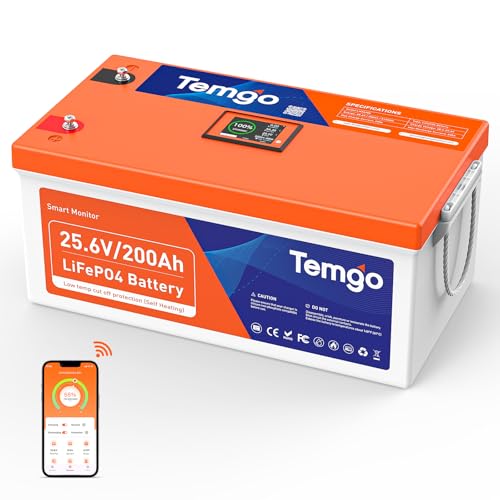 Image of TEMGO 24V 200Ah LiFePO4 Lithium Battery: Self-Heating, LCD Screen Display, Bluetooth &App, Low-Temp Protection, Built-in 200A BMS, 5120Wh Energy, 5000+ Cycles for RV, Camper, Trolling Motors, Off-Grid