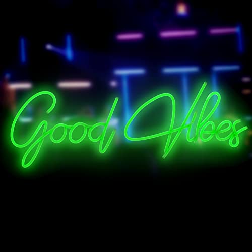 Large Good Vibes Neon Sign-Neon Lights for Wall Decor Dimmable Christmas Green Goodvibes Led Signs with 12V AC Plug Connection for Girls Boys Bedroom Living Room Man Cave Gaming Room Home Bar Wall Light Up LED Neon Signs Decor(24 x 9 inch)