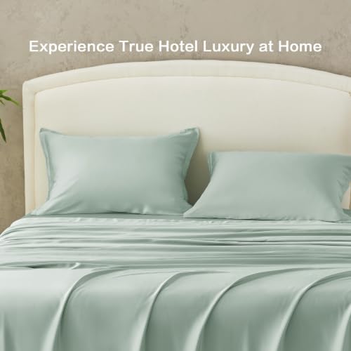 Image of Andency Sateen Sheets Set, 100% Viscose Derived from Bamboo, Hotel Luxury Silky & Cooling for Hot Sleepers, Deep Pocket Up to 16 inch, Sateen Green King