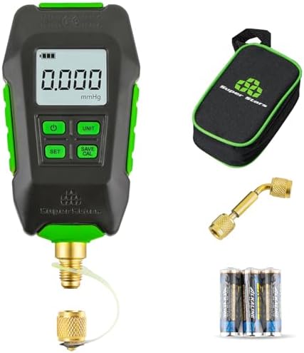 Super Stars Digital Micron Vacuum Gauge, 1/4 inch SAE, HVAC Pressure Tester with Alarm, Temp Compensation, LCD Backlit Display, 4 Units, Carrying Case Included