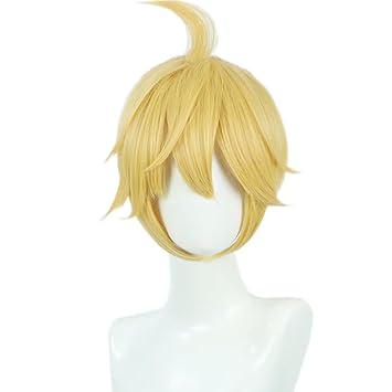 Blonde short hair High ponytail wig Side parted bangs Micro curly wig Full hair cos anime show simulation wig 30cm 11inch Kagamine Len