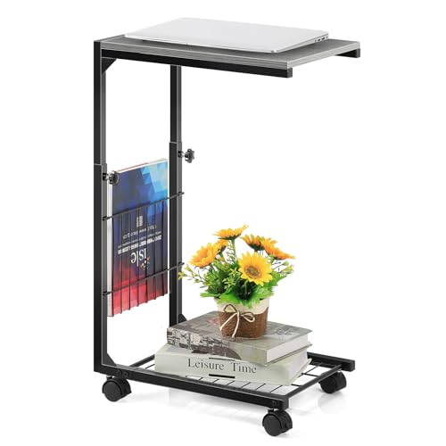 Tavolino per Letto con Ruote, Tavolino Regolabile Mobile da Salotto, Comodino, Carrello, Soggiorno Camera da Letto, Struttura in Acciaio, Montaggio Facile