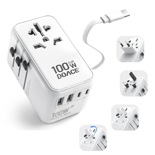 DOACE Universal Travel Adapter, 100W GaN 3.0 International Power Adapter with Built-in USB-C Cable, 6 in 1 Travel Adapter with 5 USB Ports, Plug Adapter Worldwide for EU/UK/USA/AUS(White)