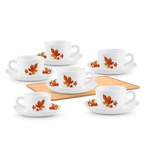 Image of Treo By Milton Opalware Ophelia 13 Mapelle Cup & Saucer Set | Microwave & Dishwasher Safe | Bone-Ash Free | Tempered Toughness | Set of 12 | White | Crockery Set for Daily Use & Gifting