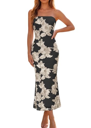 Poulax Women's Floral Strapless Maxi Dress 2026 Summer Mesh Tube Bodycon Cocktail Wedding Guest Formal Long Dresses Black XL