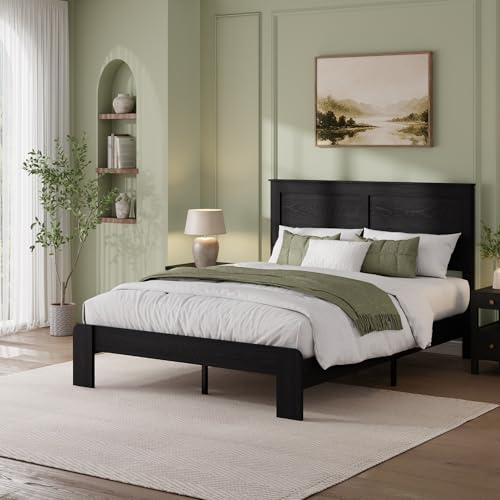 Image of Full Size Black Farmhouse Wood Bed Frame with Panel Headboard