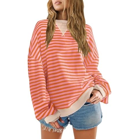 SENSERISE Womens Oversized Classic Striped Crewneck Sweatshirts Long Sleeve Color Block Shirts Casual Tops(Papaya,S) Cover