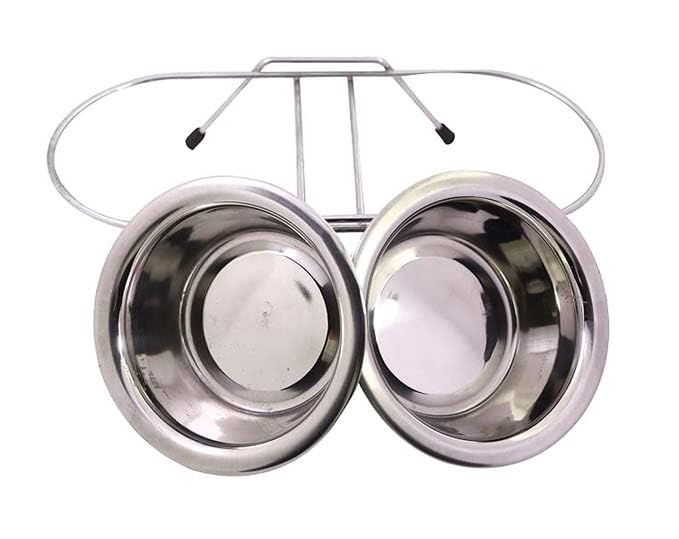 Woofy Pets Double Elevated Food and Water Stand | Stainless-Steel Wire Non-Slip Feeder Stand | Dinner Bowl for Puppies and Small Dogs (Small - 900ML X2),Stainless Steel 2