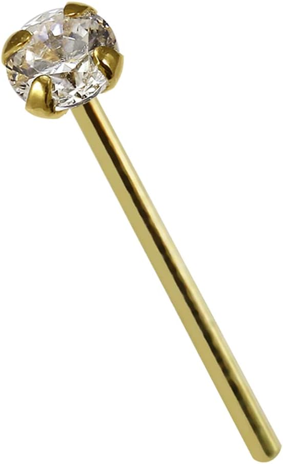 Claw Set Clear Round Cz Stone Top on 9K Solid Yellow Gold 22 Gauge Straight Nose Stud - Tiny Nose Ring - Gold Nose Stud Piercing Body Jewelry